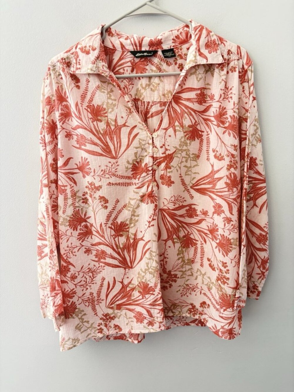 Eddie Bauer Women’s XL Pink Red Beige Floral Woven 100% Cotton Button Up Blouse
